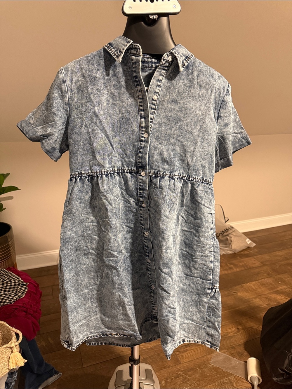 Acid Wash Denim Button-Front Shirt Dress - Light Blue